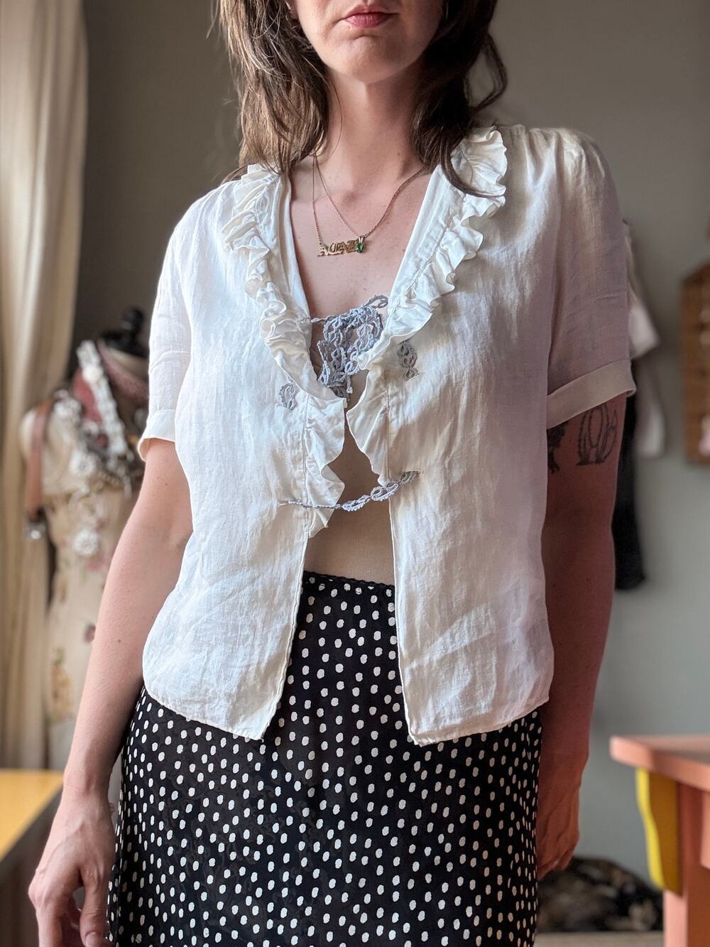 Vintage 80s Linen Blouse | Ivory Ruffle Open Front | Edwardian Revival | M